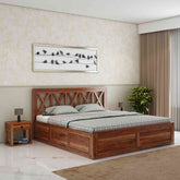 Moon Solid Sheesham Wood Bed With Box Storage (King Size, Natural Finish)
